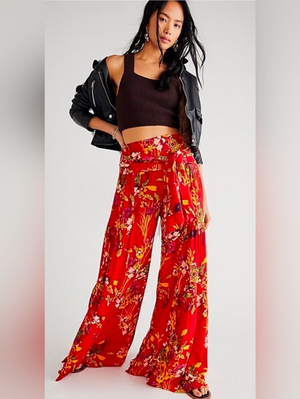 Free People Floral Tropical Red Pants Wide Leg XS